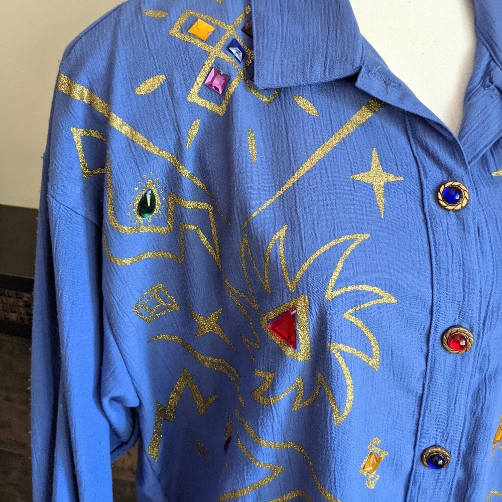 80s Funky Gold Colorful Beaded Button Top Purple Blue Womens Large ShortSLV 182 - Picture 2 of 6